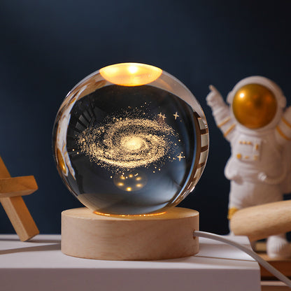 3D Crystal Ball Night Light Solar System Cosmic Theme LED Decoration Light Wooden Base