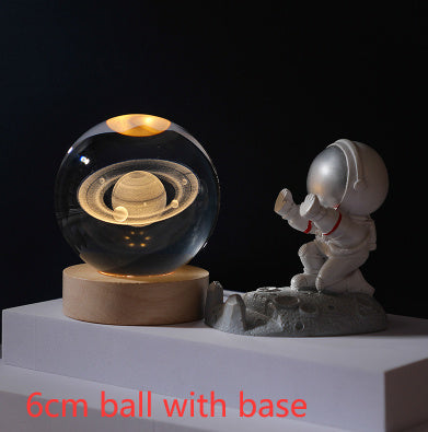 3D Crystal Ball Night Light Solar System Cosmic Theme LED Decoration Light Wooden Base