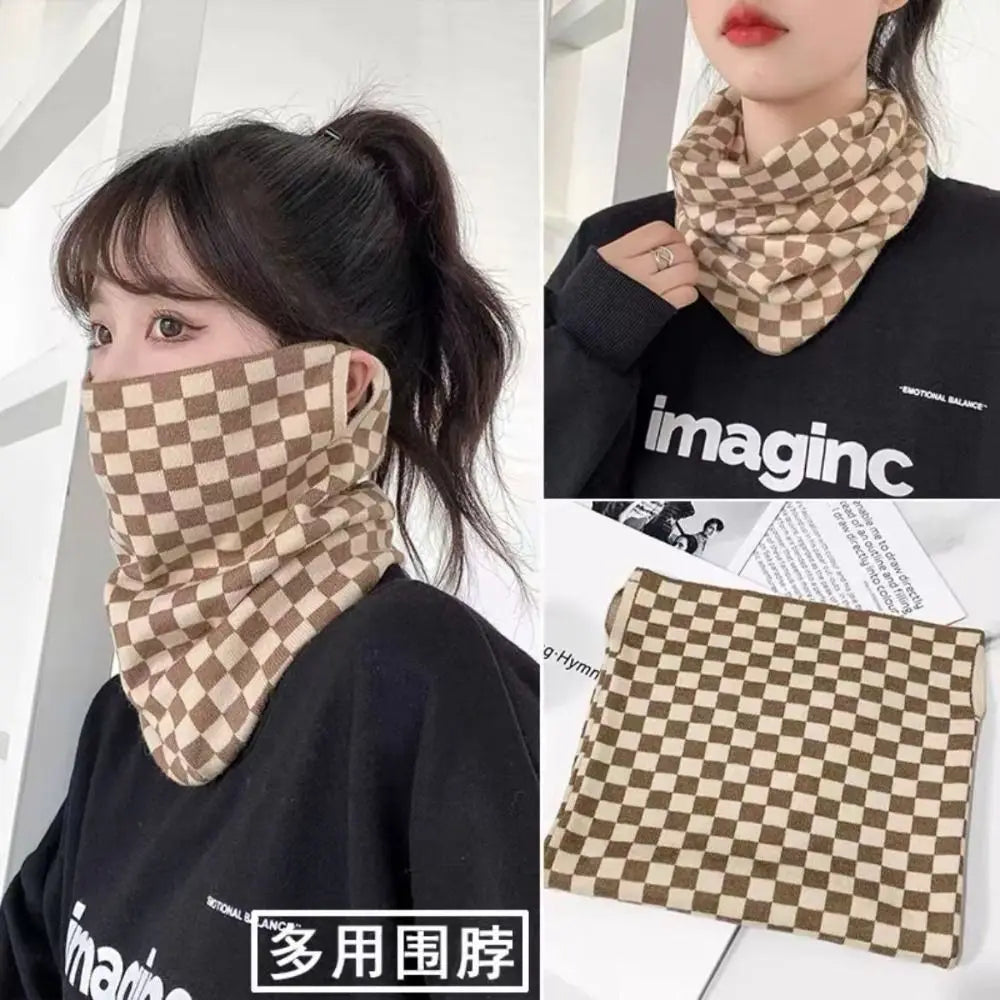 Winter Multi-functional Plaid Scarf Women Thermal Hanging Ear Mask Neck Protection Warm Headscarf Windproof Cycling Outdoor