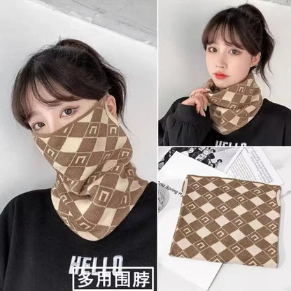 Winter Multi-functional Plaid Scarf Women Thermal Hanging Ear Mask Neck Protection Warm Headscarf Windproof Cycling Outdoor